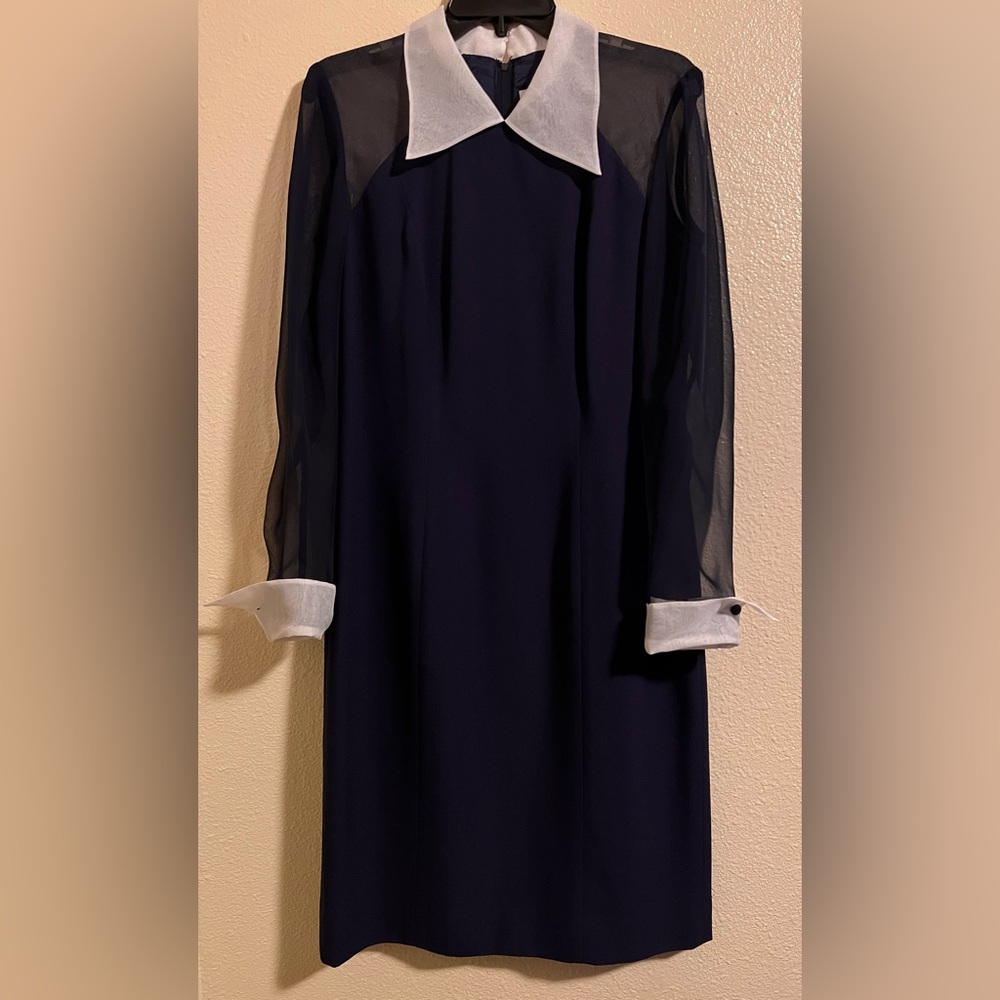 Vintage Rimini Formal Navy Sheath Dress with Sheer Shoulder and White Collar